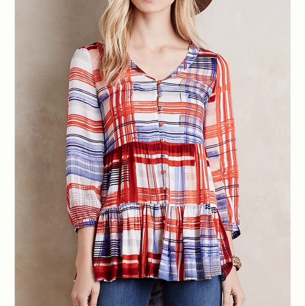 Maeve Anthropologie Lila Tiered Tunic Top Blouse Plaid Peplum Button Up Size S